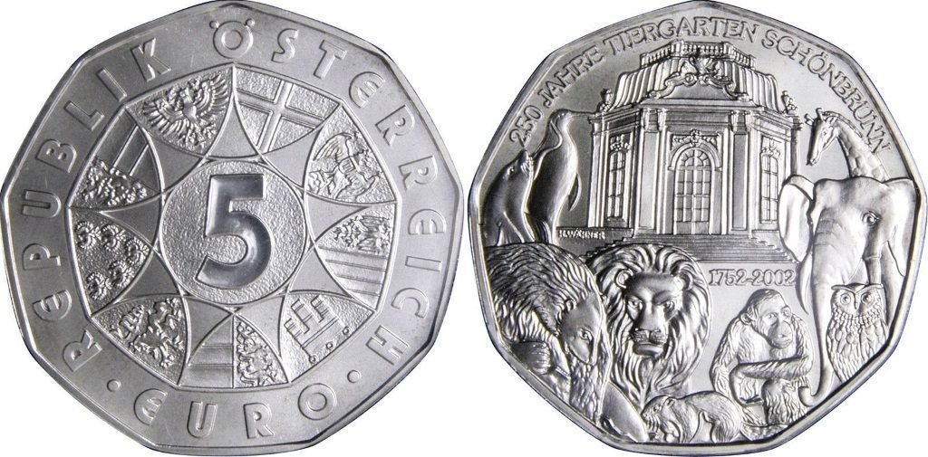 Памятная серебряная монета в честь 250-летнего юбилея Шёнбруннского зоопарка.